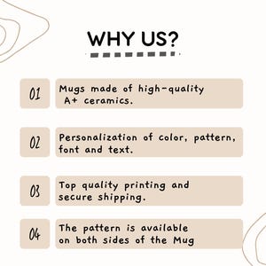 May include: A graphic with the text "WHY US?" and four numbered points describing the benefits of purchasing mugs. The points include: mugs made of high-quality A+ ceramics, personalization of color, pattern, font and text, top quality printing and secure shipping, and the pattern is available on both sides of the mug.