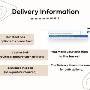 Puede incluir: Imagen con el texto "Delivery Information". Muestra dos opciones de entrega: Correo postal (requiere firma) y Enviado en caja (no requiere firma). El tiempo de entrega es el mismo para ambas opciones. El cliente hace su selecci&oacute;n en la cesta.