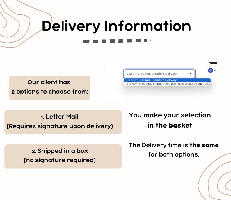 Puede incluir: Imagen con el texto "Delivery Information". Muestra dos opciones de entrega: Correo postal (requiere firma) y Enviado en caja (no requiere firma). El tiempo de entrega es el mismo para ambas opciones. El cliente hace su selecci&oacute;n en la cesta.