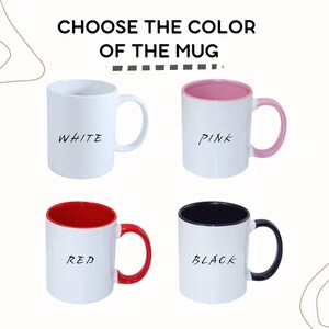 May include: Four mugs with different colored rims. The mugs are white with black text. The text on the mugs reads "White", "Pink", "Red", and "Black".