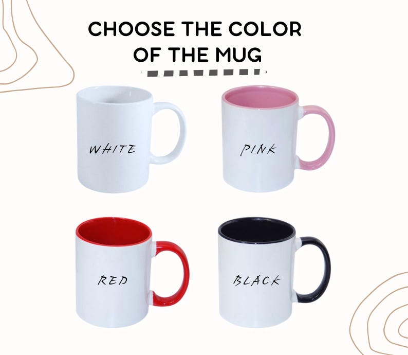 May include: Four mugs with different colored rims. The mugs are white with black text. The text on the mugs reads "White", "Pink", "Red", and "Black".