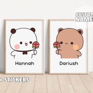 Juego de 2 pósteres personalizados de Dudu y Bubu: nombres personalizados, regalo para parejas, panda y oso, póster de rosas, tu nombre, idea de regalo de póster especial