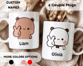 Tazas personalizadas de Dudu y Bubu: juego de 2 tazas, divertidos pandas y osos, nombres personalizados, taza con rosas, regalo para parejas, regalo de San Valentín, regalo para ella o para él.