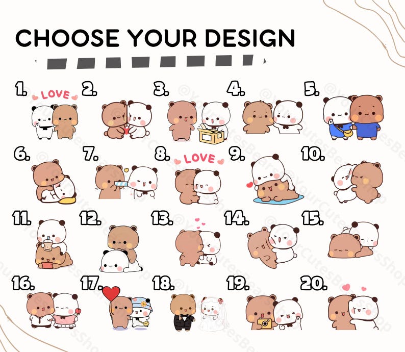 May include: Twenty different designs of cute cartoon couples, featuring a bear and a panda, in various poses and activities. The designs include hearts, flowers, and the word "LOVE".
