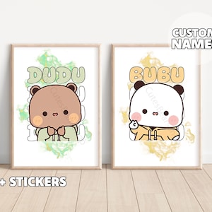 Set Of 2  Cute Dudu & Bubu Posters - Couple Gift, Panda and Bear, Gift for Her, Gift for Him, Anniversary Gift, Sleep Lovers, Matching Art