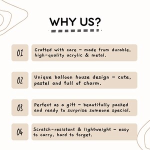 Puede incluir: Un gr&aacute;fico crema con el texto "WHY US?" y cuatro puntos. Los puntos resaltan las caracter&iacute;sticas del producto: hecho con cuidado, dise&ntilde;o &uacute;nico, perfecto como regalo y resistente a los ara&ntilde;azos.