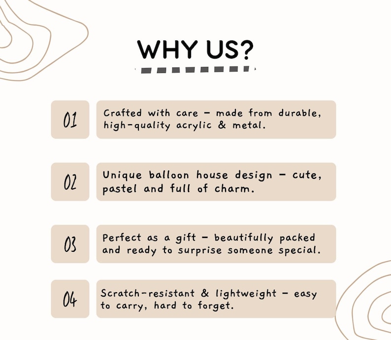 Puede incluir: Un gr&aacute;fico crema con el texto "WHY US?" y cuatro puntos. Los puntos resaltan las caracter&iacute;sticas del producto: hecho con cuidado, dise&ntilde;o &uacute;nico, perfecto como regalo y resistente a los ara&ntilde;azos.