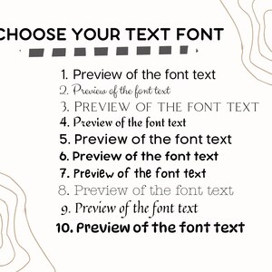 May include: A white background with black text that reads "CHOOSE YOUR TEXT FONT".  Below the text are ten numbered examples of different font styles. Each example reads "Preview of the font text".