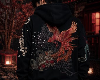 Embroidered Dragon Phoenix Cotton Zip Up Hoodie, Japanese Streetwear Y2K Jacket
