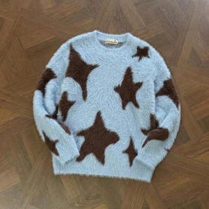 Y2K Oversized Fuzzy Star Sweater | Light Blue & Brown Fluffy Pullover | Harajuku Grunge Fairycore Knit Jumper | Unisex Casual Streetwear