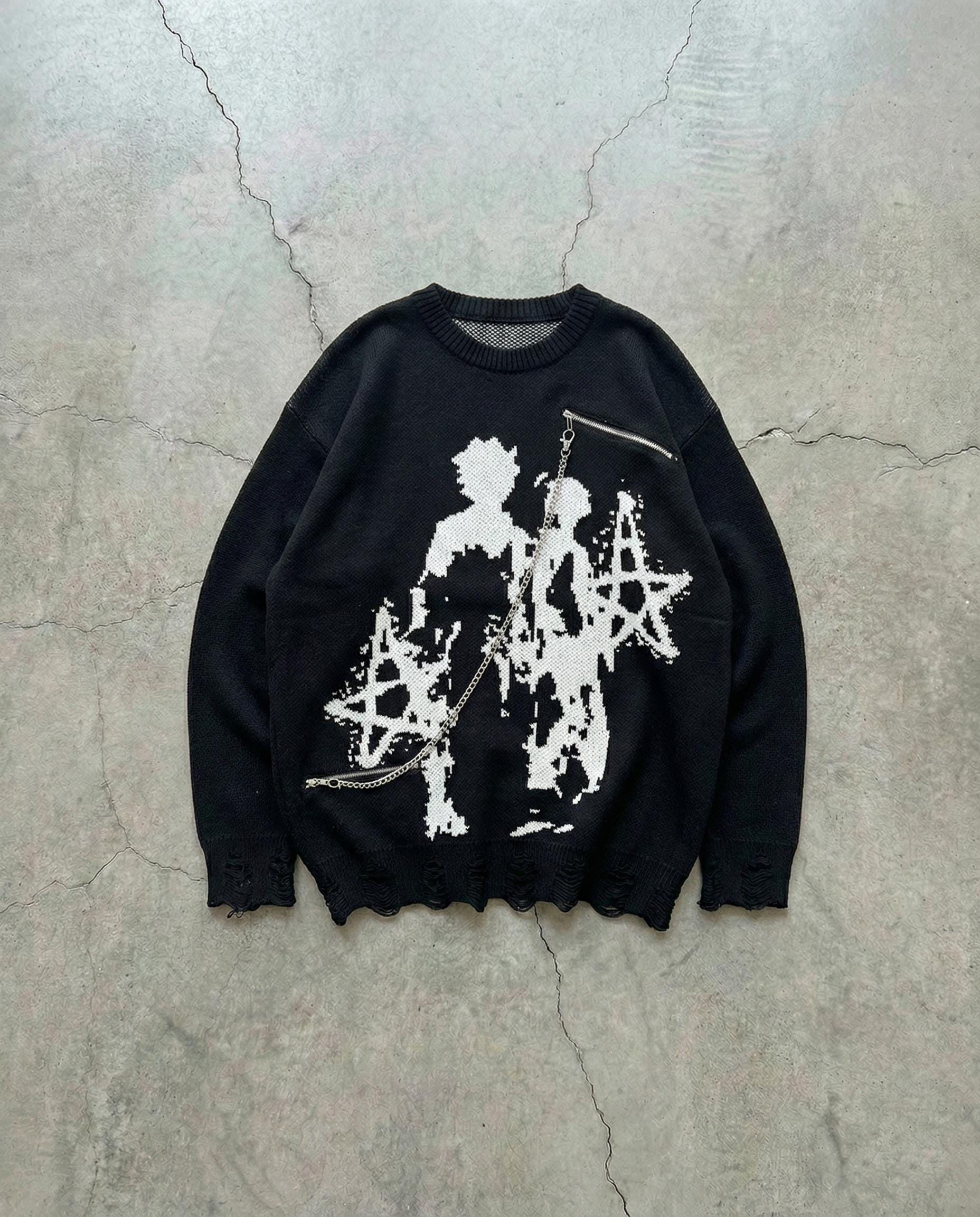 Hip Hop Maglioni a maglia Uomo Harajuku Vintage Hole Ghost Graphic Jumpers Streetwear Punk Casual Oversize O-Neck Pullover Unisex | IT