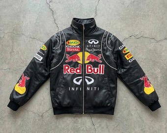 Red Bull Racing Vintage Style F1 Jacket | Faux Leather Motorcycle Bomber Jacket | Y2K Streetwear Motorsport Apparel | Unisex Biker Coat