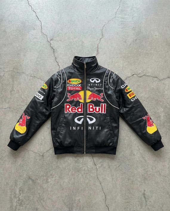 Red Bull Racing Vintage Style F1 Jacket | Faux Leather Motorcycle Bomber Jacket | Y2K Streetwear Motorsport Apparel | Unisex Biker Coat