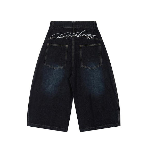 Y2K Baggy Denim Jorts | Embroidered Streetwear Skater Shorts | Wide Leg Cropped Jeans | 90s Hip Hop Grunge Denim | Dark Wash 7/8 Pants