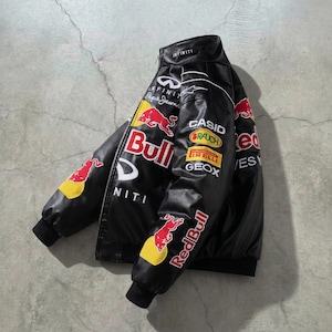 Red Bull Racing Vintage Style F1 Jacket | Faux Leather Motorcycle Bomber Jacket | Y2K Streetwear Motorsport Apparel | Unisex Biker Coat image 3