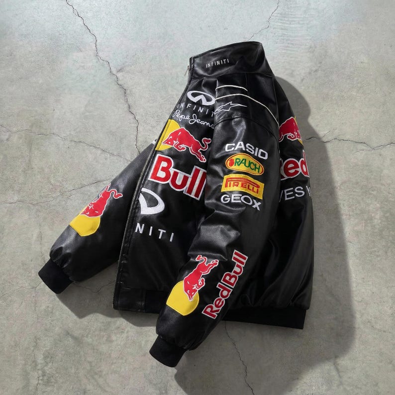 Red Bull Racing Vintage Style F1 Jacket | Faux Leather Motorcycle Bomber Jacket | Y2K Streetwear Motorsport Apparel | Unisex Biker Coat image 3