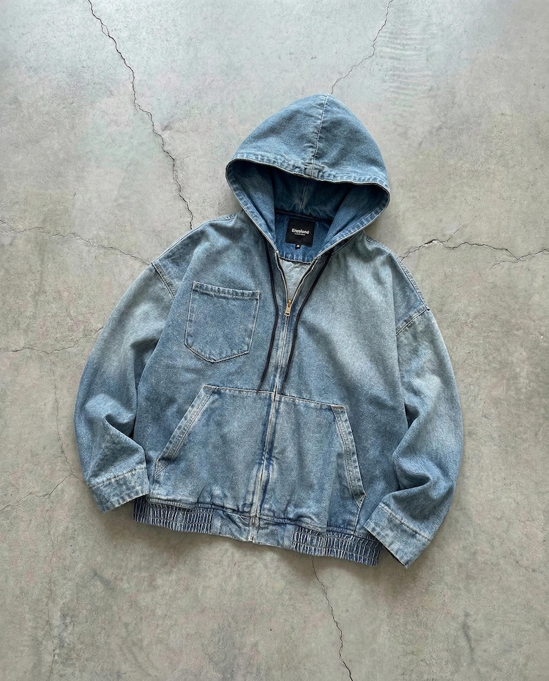 Vintage Wash Oversized Denim Zip-Up Hoodie – Baggy Harajuku-stil Streetwear – Acid Wash Blå Jeansjacka – Unisex Y2K Ytterkläder bild 1
