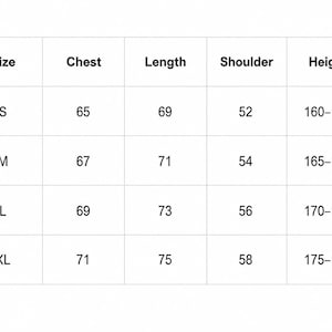 May include: A white chart with black text detailing clothing sizes. The chart includes sizes S, M, L, and XL, with corresponding chest, length, shoulder, and height measurements in centimeters. The height measurements range from 160 to 185 cm.