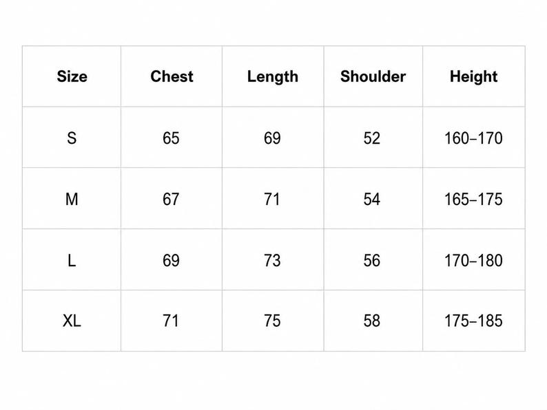 May include: A white chart with black text detailing clothing sizes. The chart includes sizes S, M, L, and XL, with corresponding chest, length, shoulder, and height measurements in centimeters. The height measurements range from 160 to 185 cm.