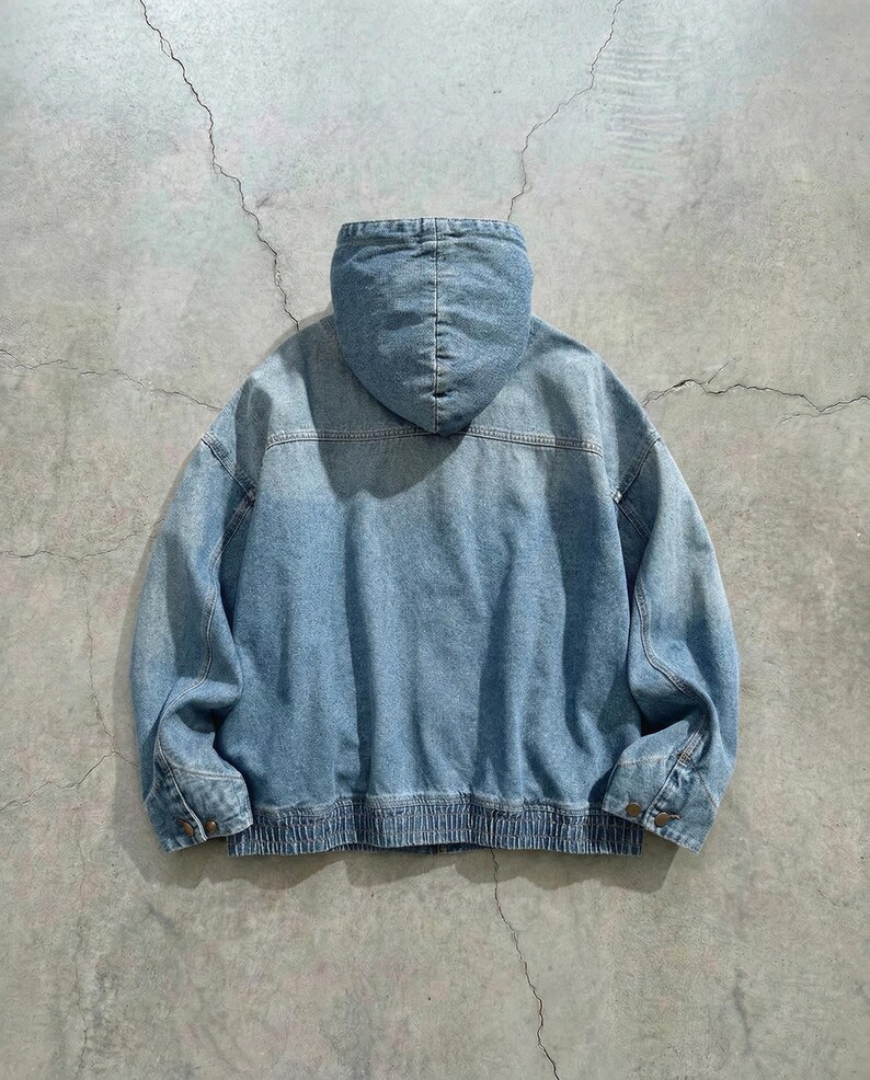Vintage Wash Oversized Denim Zip-Up Hoodie – Baggy Harajuku-stil Streetwear – Acid Wash Blå Jeansjacka – Unisex Y2K Ytterkläder bild 2