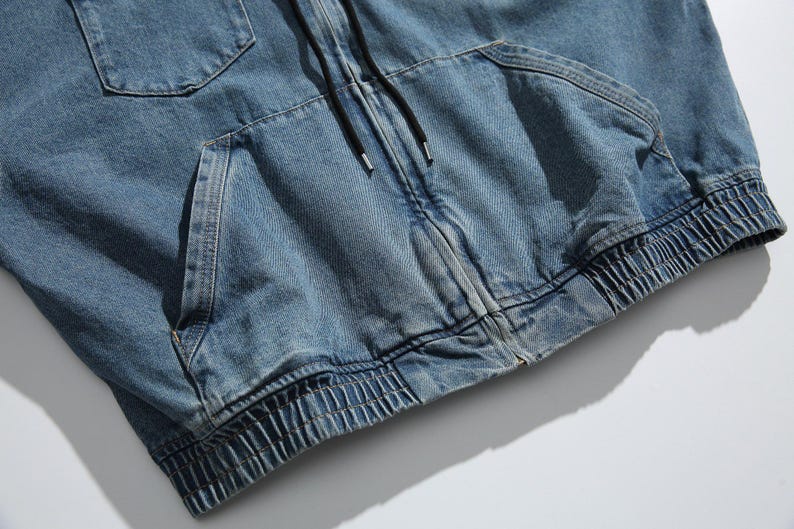 Vintage Wash Oversized Denim Zip-Up Hoodie – Baggy Harajuku-stil Streetwear – Acid Wash Blå Jeansjacka – Unisex Y2K Ytterkläder bild 8