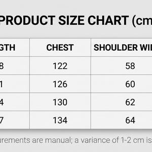 May include: A product size chart in a table format, with measurements in centimeters. The chart includes sizes S, M, L, and XL, with corresponding measurements for length, chest, shoulder width, and sleeve length. The text "PRODUCT SIZE CHART (cm)" is at the top.