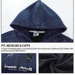 May include: Dark blue hooded sweatshirt with a gradient wash. Features a loose fit, ribbed cuffs, and embroidered logos. Made from 420g denim fabric. The text "Inesti ubios" is visible.