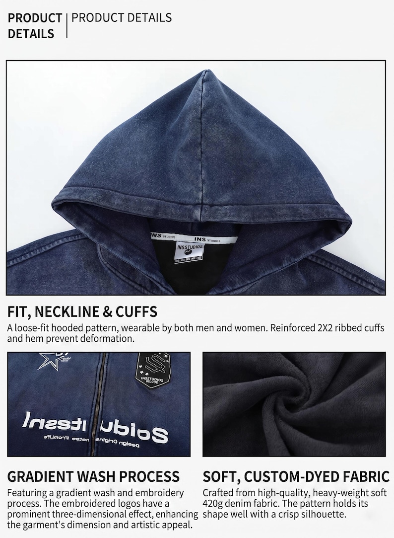 May include: Dark blue hooded sweatshirt with a gradient wash. Features a loose fit, ribbed cuffs, and embroidered logos. Made from 420g denim fabric. The text "Inesti ubios" is visible.