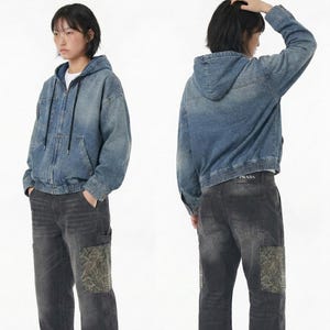 Vintage Wash Oversized Denim Zip-Up Hoodie – Baggy Harajuku-stil Streetwear – Acid Wash Blå Jeansjacka – Unisex Y2K Ytterkläder bild 3
