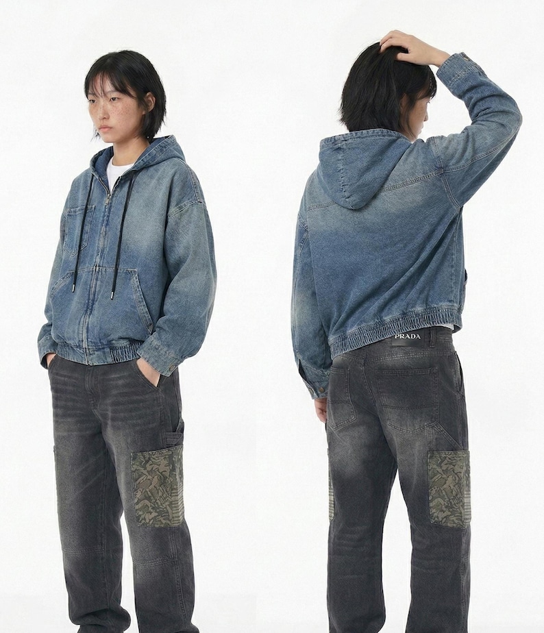 Vintage Wash Oversized Denim Zip-Up Hoodie – Baggy Harajuku-stil Streetwear – Acid Wash Blå Jeansjacka – Unisex Y2K Ytterkläder bild 3