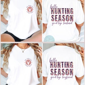 Hola temporada de caza, adiós esposo/novio / Diseño de letras divididas / Dos conjuntos png / Diseño de camisa delantera trasera / Camuflaje rosa
