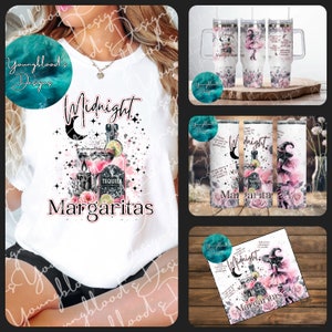 May include: A set of three pink and white sublimation designs featuring a witch, a margarita, and the text "Midnight Margaritas". The designs are ideal for creating custom tumblers, shirts, and other crafts.