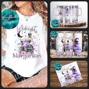 May include: A white t-shirt featuring a graphic design of a witch holding a bottle of tequila and a margarita glass. The text "Midnight Margaritas" is written in black and purple lettering. The design is surrounded by purple and black watercolour splatters and stars.