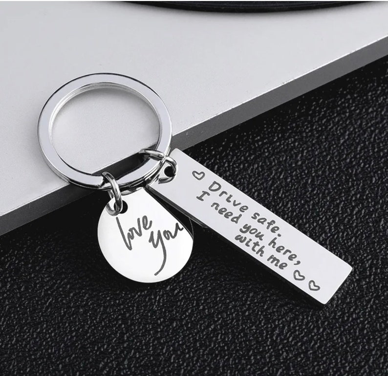 Personalized Metal Keychain, Drive Safe Keychain, Custom Engraved Stainless Steel Keychain, Gift for Dad, Brother, Grandpa, Stepfather, Him image 1