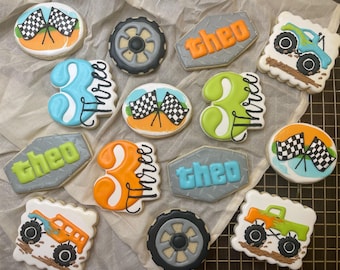 Monster truck themed sugar cookies