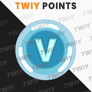 Op de afbeelding: Een digitale afbeelding met de tekst "TWIY POINTS" in oranje en zwart. De afbeelding toont een lichtblauwe munt met een grote, lichtblauwe "V" in het midden. De munt heeft een witte rand en het woord "TWIY" wordt rond de munt herhaald.