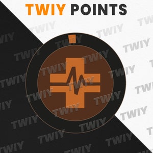 Könnte beinhalten: Das Bild zeigt oben den Text "TWIY POINTS" in Orange. Darunter wird ein kreisförmiges Emblem angezeigt, das ein braunes Kreuz mit einer stilisierten orangefarbenen Herzschlaglinie in der Mitte vor einem schwarz-weißen Hintergrund zeigt.
