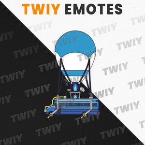 Könnte beinhalten: Ein blauer und weißer Heißluftballon mit einem blauen Schulbus daran befestigt. Der Ballon fliegt über einem schwarz-weißen Hintergrund mit dem Text "TWIY EMOTES" wiederholt.