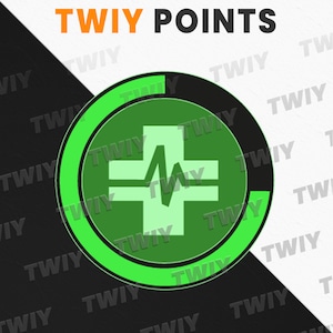Könnte beinhalten: Das Bild zeigt oben den Text "TWIY POINTS" in Orange. Ein grünes kreisförmiges Emblem mit einem Kreuz und einer Wellenform befindet sich in der Mitte. Der Hintergrund ist diagonal geteilt, mit schwarzen und weißen Abschnitten.
