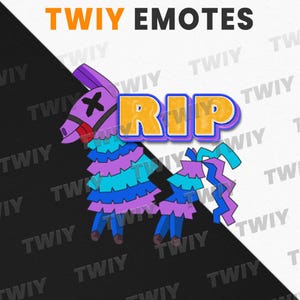 Könnte beinhalten: Eine lila und blaue Lama-Piñata mit einem weißen X auf dem Gesicht und dem Wort "RIP" in gelben Buchstaben. Der Hintergrund ist schwarz und weiß mit dem Wort "TWIY" wiederholt.