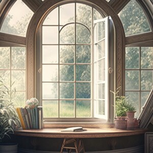 May include: A large arched window with a wooden frame and a view of a green field and trees. The window is open and there is a book on the windowsill. There are bookshelves on either side of the window.