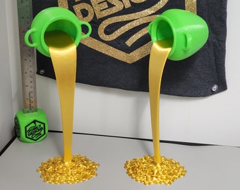 Green Spilling Pot o Gold | St PATRICK'S DAY SPECIAL sculpture decorations Magic pouring splash Leprechaun Trap Pile of Gold Coins miniature