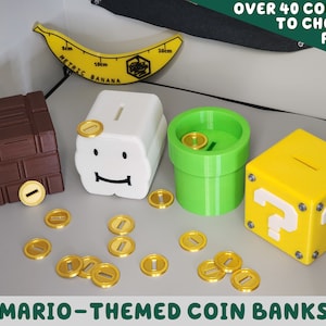 Gamer Themed Coin Bank with Gold Coins | Warp Pipe Cup Question Block Piggy Bank Brick Box Cloud Mario Video Jewelry Box Room Super Bros
