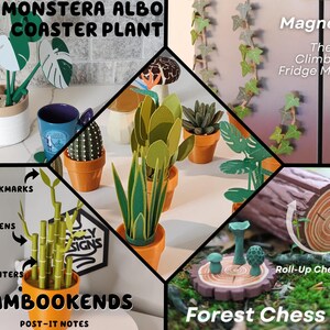 Peut inclure: Un collage d'objets d&eacute;coratifs. Comprend une plante de dessous de verre Monstera Albo, un aimant de r&eacute;frig&eacute;rateur grimpant, un organiseur de bureau sur le th&egrave;me du bambou intitul&eacute; "Bambookends" et un jeu d'&eacute;checs sur le th&egrave;me de la for&ecirc;t. Les articles sont de couleurs vari&eacute;es, dont le vert, le marron et l'orange.