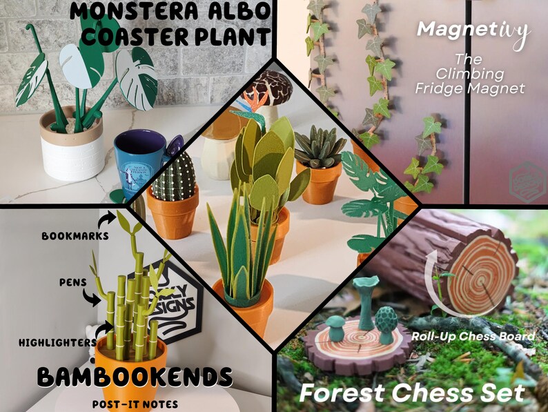 Peut inclure: Un collage d'objets d&eacute;coratifs. Comprend une plante de dessous de verre Monstera Albo, un aimant de r&eacute;frig&eacute;rateur grimpant, un organiseur de bureau sur le th&egrave;me du bambou intitul&eacute; "Bambookends" et un jeu d'&eacute;checs sur le th&egrave;me de la for&ecirc;t. Les articles sont de couleurs vari&eacute;es, dont le vert, le marron et l'orange.