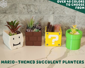 Gamer Themed Planters Flower Pots | Many Sizes! | Succulent Planter Home Office Decor Warp Pipe Question Block Brick Cloud Super Mario Bros