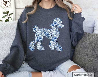 Poodle Blue Toile Silhouette Sweatshirt Printed Floral Graphic Poodle Lover Pullover
