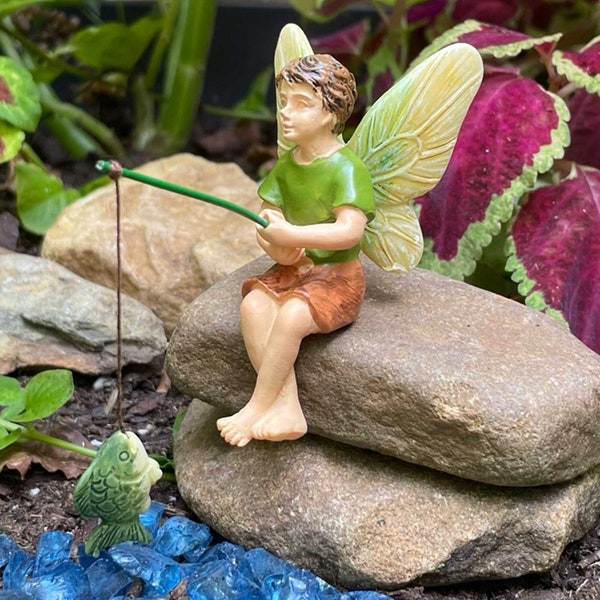 Fairy Garden Fairy Boy, Boy Fairy Miniature, Fairy Boy Fishing, Fairy Boy Catching a Fish, Fairy Garden Decoration, Miniature Fairy Garden