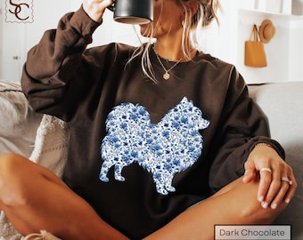 Pomeranian Blue Toile Silhouette Sweatshirt Printed Floral Graphic Pom Pom Dog Lover Pullover
