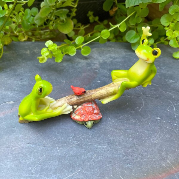 Miniature Frog Figurine, Fairy Garden Miniature Frogs, Frogs on See-Saw, Collectible Whimsical Frog Figurine, Mini Frogs and Turtle